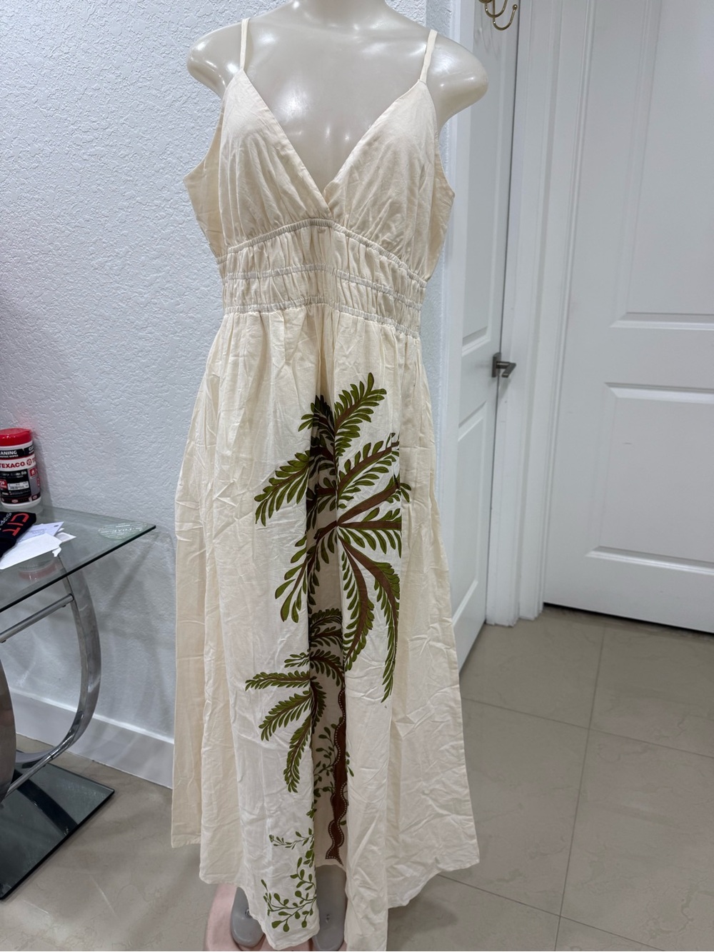 Japna Cream Maxi Dress with Green and Brown Palm Print